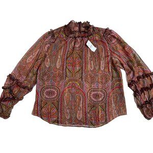 Loft Paisley Ruffle Blouse M NWOT Sheer Long Sleeve High Neck Boho Fall Top